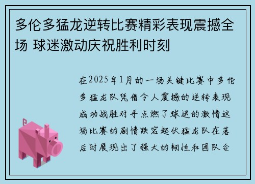 多伦多猛龙逆转比赛精彩表现震撼全场 球迷激动庆祝胜利时刻