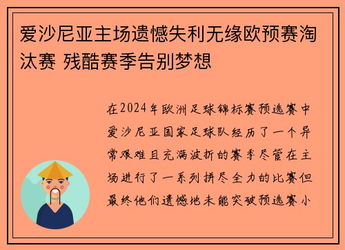 爱沙尼亚主场遗憾失利无缘欧预赛淘汰赛 残酷赛季告别梦想