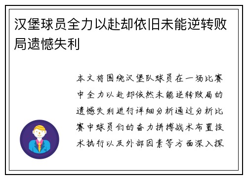 汉堡球员全力以赴却依旧未能逆转败局遗憾失利
