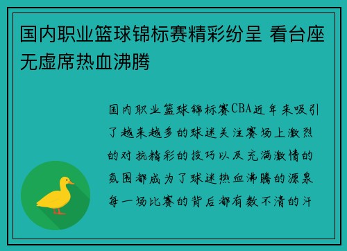 国内职业篮球锦标赛精彩纷呈 看台座无虚席热血沸腾