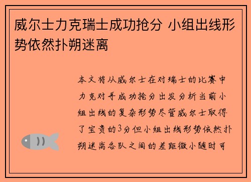 威尔士力克瑞士成功抢分 小组出线形势依然扑朔迷离