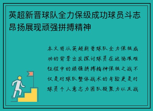 英超新晋球队全力保级成功球员斗志昂扬展现顽强拼搏精神