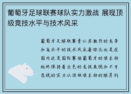 葡萄牙足球联赛球队实力激战 展现顶级竞技水平与技术风采