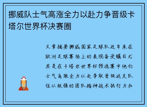挪威队士气高涨全力以赴力争晋级卡塔尔世界杯决赛圈