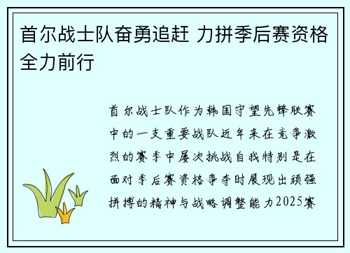 首尔战士队奋勇追赶 力拼季后赛资格全力前行